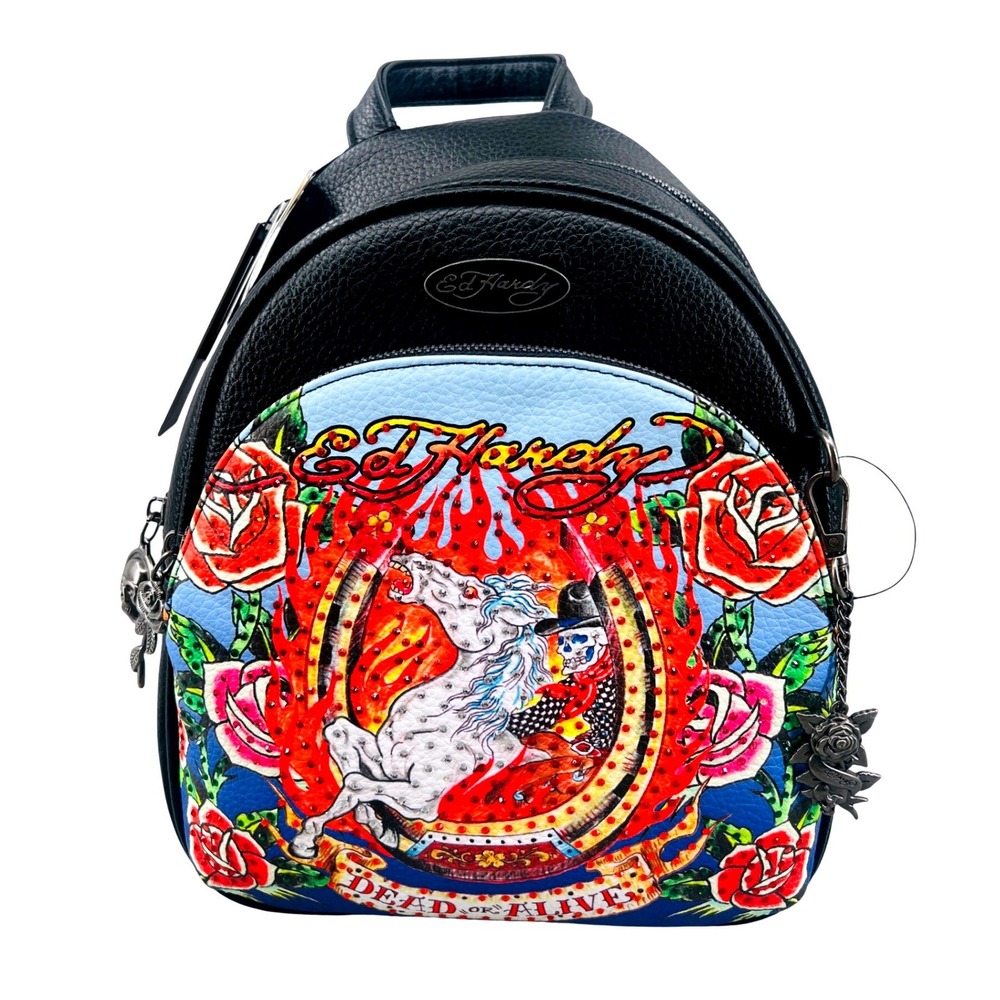 Ed Hardy Studded Mini Backpack Black Skull Horse Roses Tattoo Art Y2K NWT